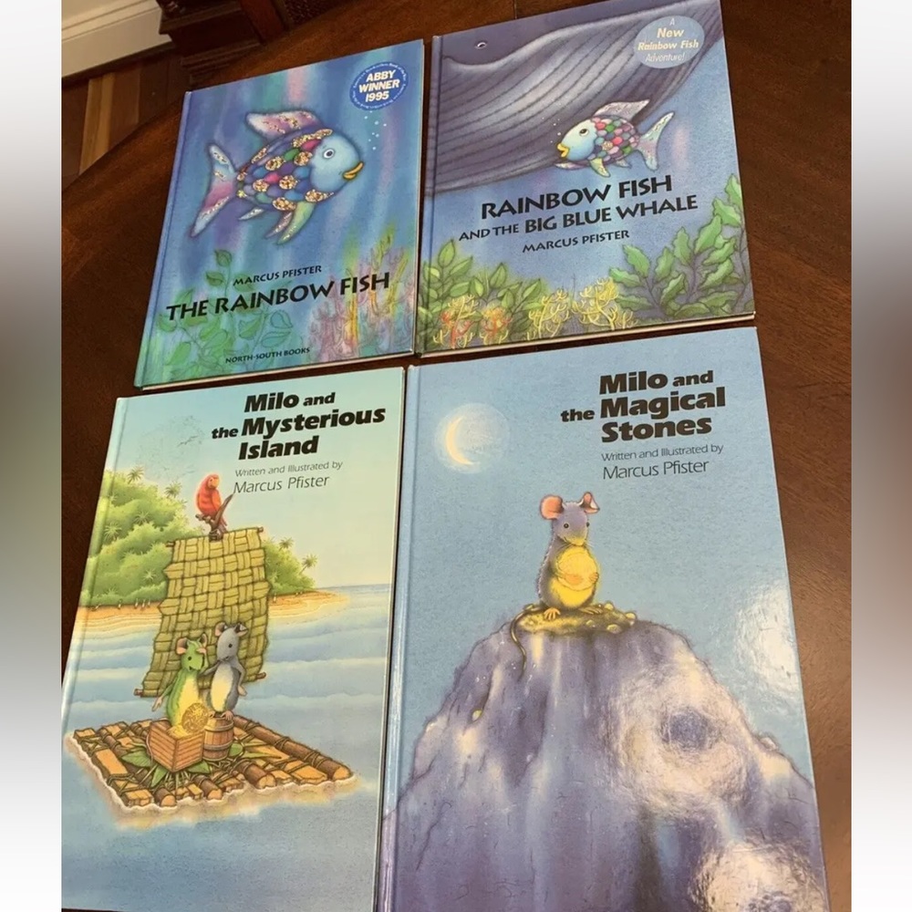 4 Hardcover Picture Books Marcus Pfister Rainbow Fish Whale Milo Stone Island